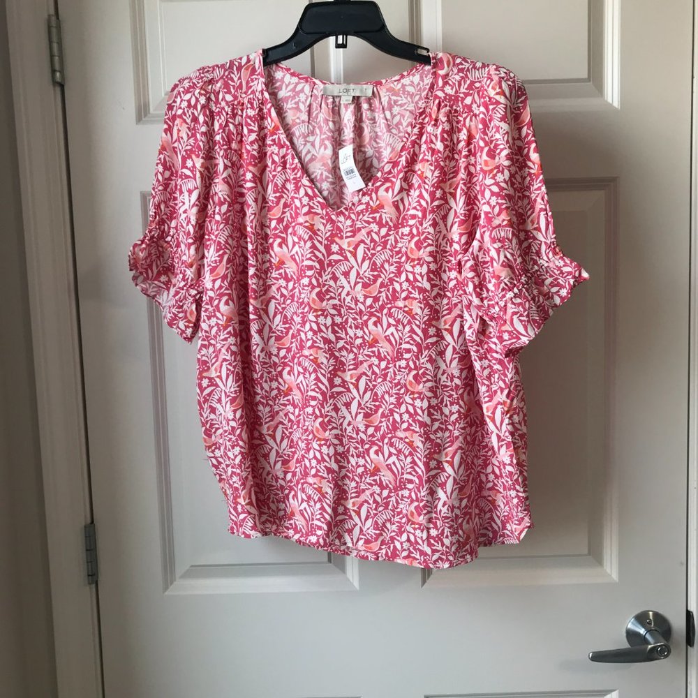 LOFT Floral Short Sleeved Blouse Pink/Coral/Cream L